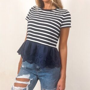 Kate Spade Peplum Top Sz medium Striped Eyelet Hem Short Sleeves.